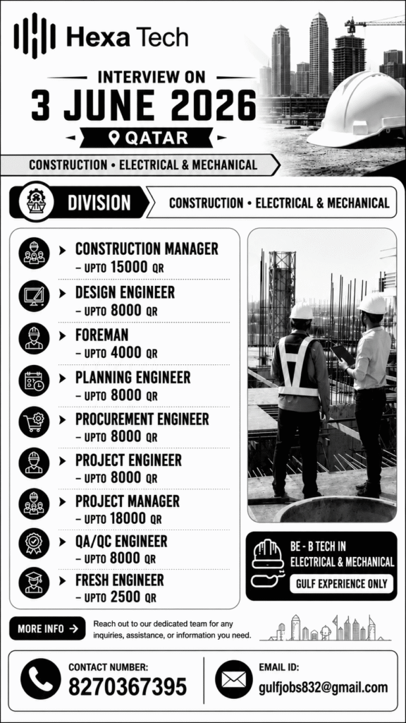Qatar Construction, Electrical & Mechanical Jobs 2026 – Direct Interview on 3 June 2026