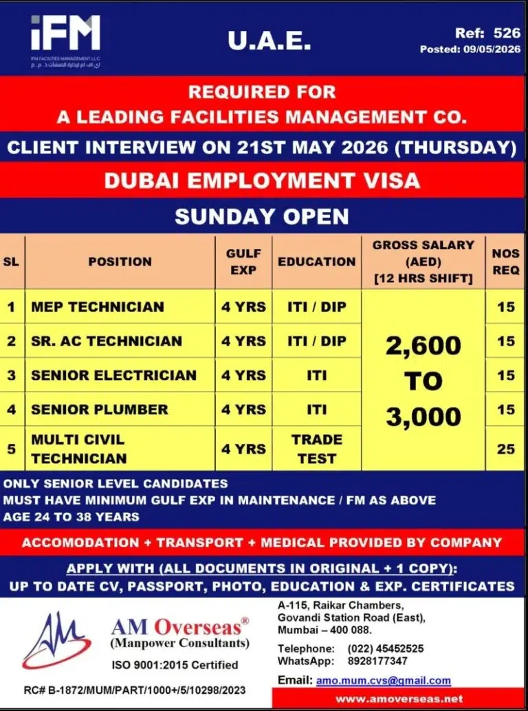 UAE Facilities Management Company Jobs 2026 – Dubai Employment Visa 