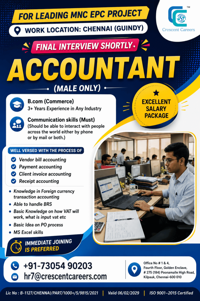 Accountant Jobs in Chennai 2026 – Leading MNC EPC Project | Apply Now