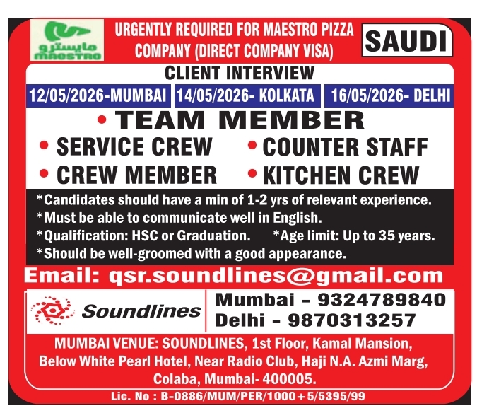 Maestro Pizza Company Saudi Jobs 2026 – Direct Company Visa Interview in Mumbai, Kolkata & Delhi