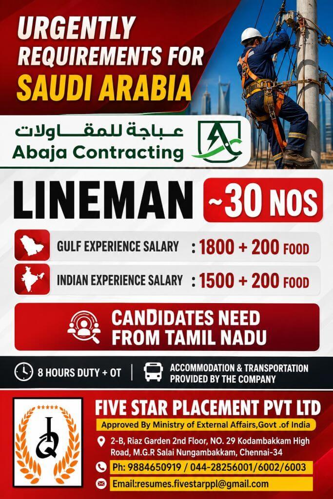 Saudi Arabia Lineman Jobs 2026 – Urgent Requirement for 30 Candidates