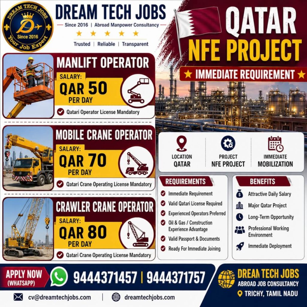 Qatar NFE Project Jobs 2026 – Immediate Requirement for Crane & Manlift Operators 1 Qatar NFE Project Jobs 2026 – Immediate Requirement for Crane & Manlift Operators