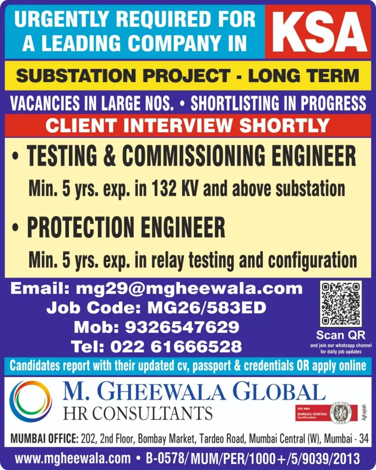 Saudi Arabia Substation Project Jobs 2026 – Testing & Commissioning Engineer and Protection Engineer Vacancies