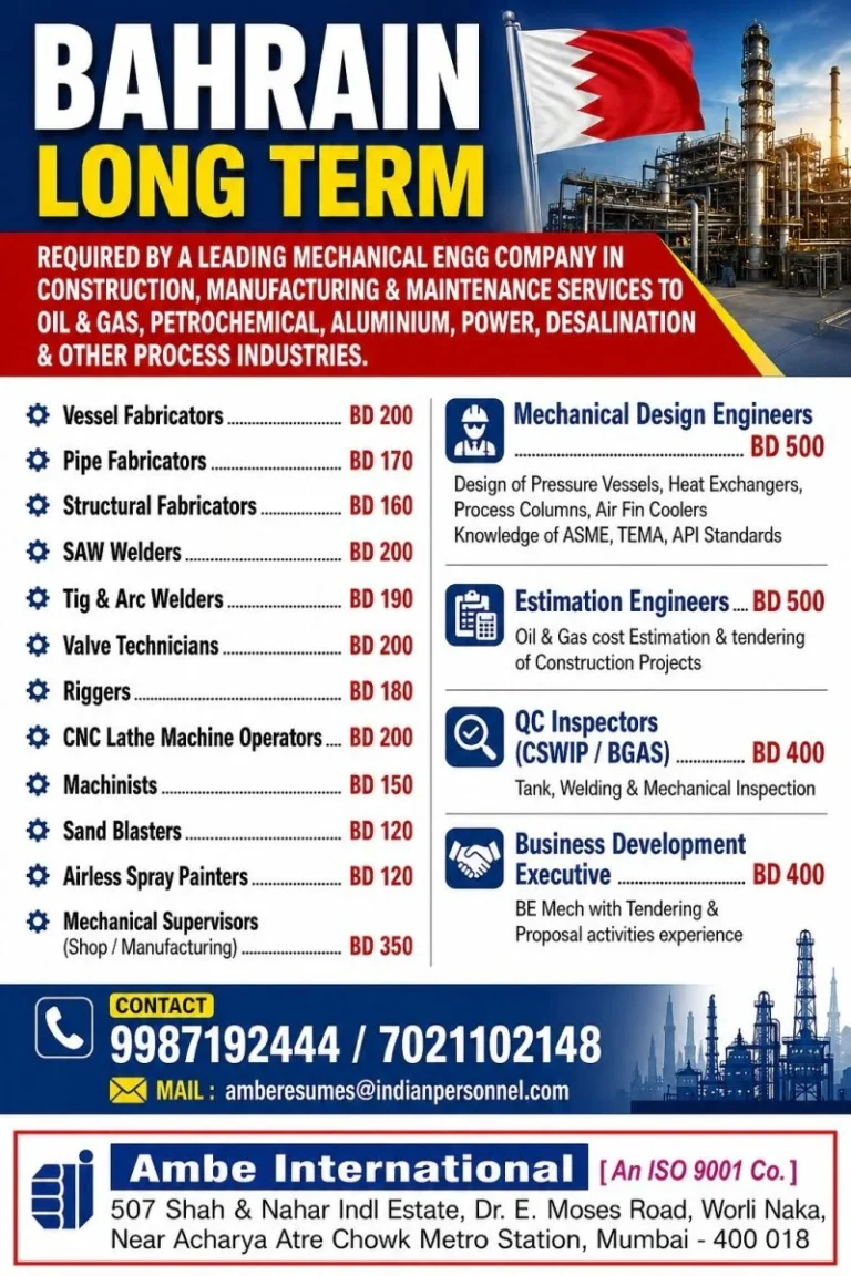 Bahrain Long Term Jobs 2026 – Oil & Gas, Petrochemical & Mechanical Industry Vacancies