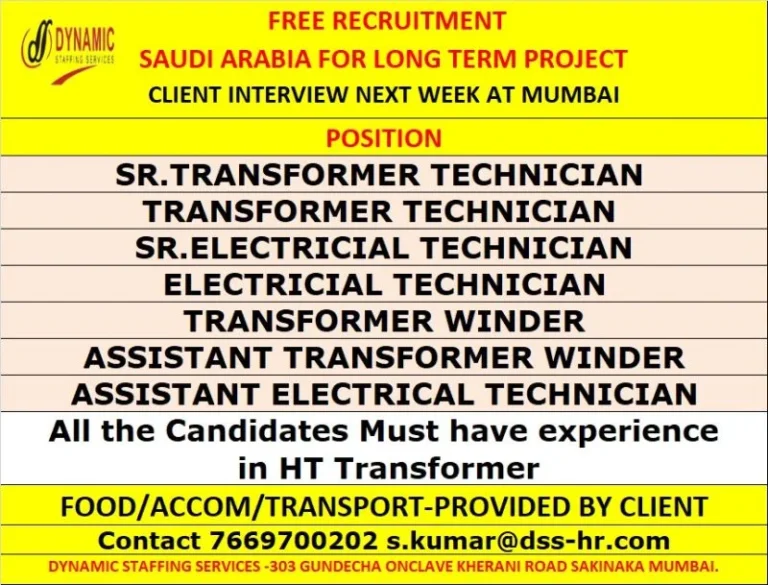 Saudi Arabia Transformer & Electrical Technician Jobs 2026 – Free Recruitment