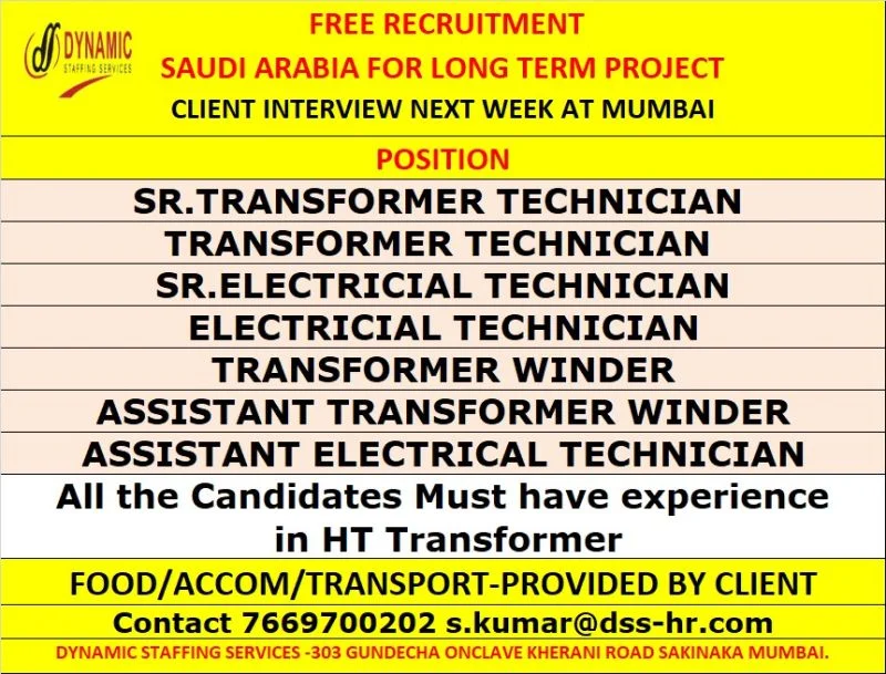 Saudi Arabia Transformer & Electrical Technician Jobs 2026 – Free Recruitment