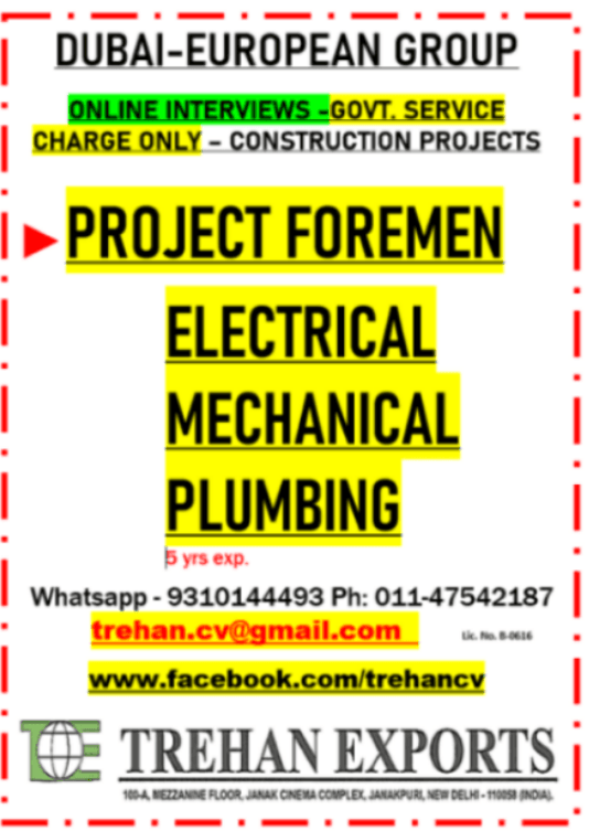 Dubai-European Group Project Foremen Jobs 2026 – Online Interviews for Electrical, Mechanical & Plumbing Foremen