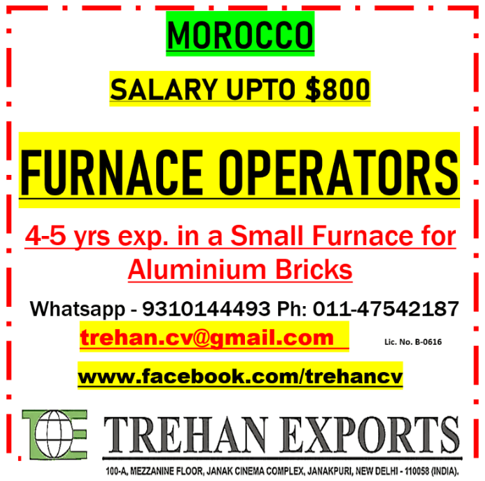 Morocco Furnace Operators Jobs 2026 – Salary Up to $800
