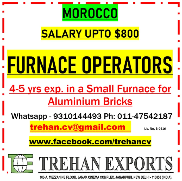 Morocco Furnace Operators Jobs 2026 – Salary Up to $800