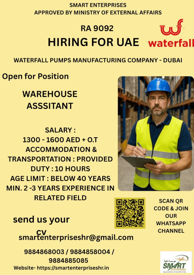 UAE Warehouse Assistant Jobs 2026 – Waterfall Pumps Manufacturing Company Dubai