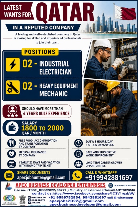 Qatar Jobs 2026 – Industrial Electrician & Heavy Equipment Mechanic Vacancies