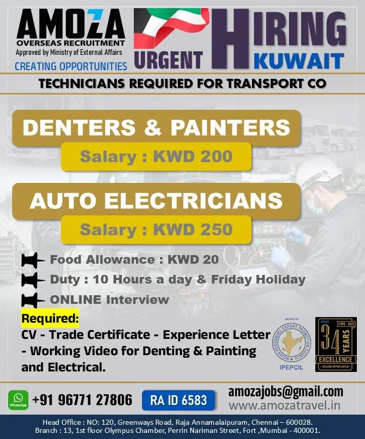 Kuwait Transport Company Jobs 2026 – Denters, Painters & Auto Electricians Required