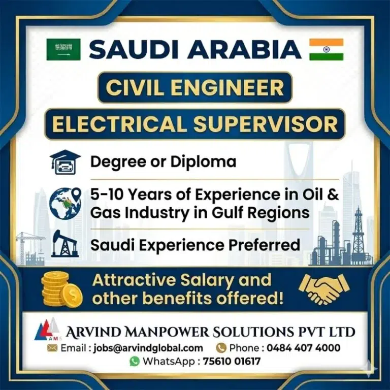 Saudi Arabia Oil & Gas Jobs 2026 – Civil Engineer & Electrical Supervisor Vacancies