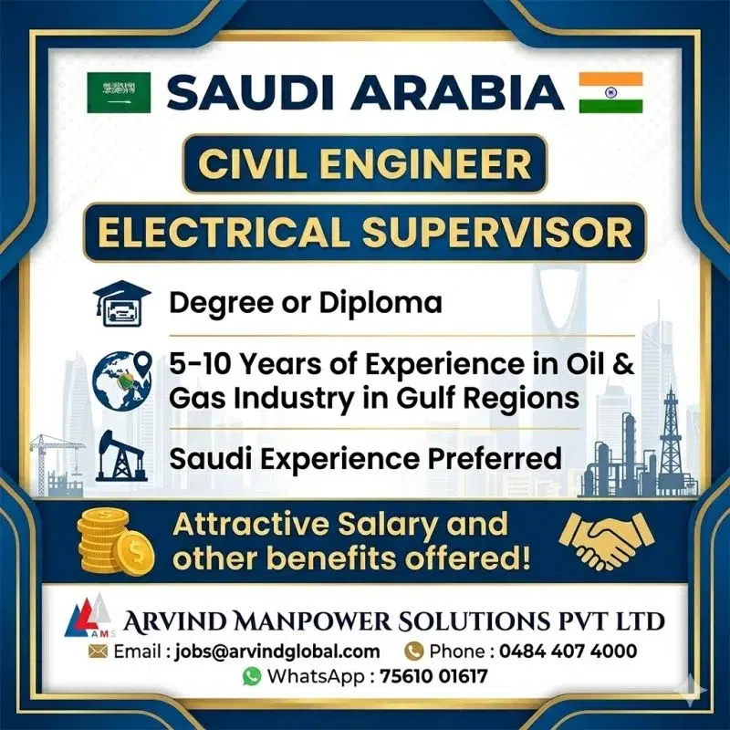 Saudi Arabia Oil & Gas Jobs 2026 – Civil Engineer & Electrical Supervisor Vacancies