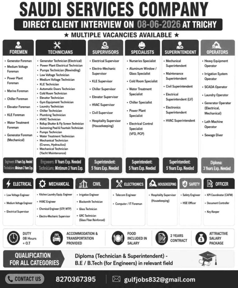 Saudi Services Company Recruitment 2026 – Direct Client Interview at Trichy | Multiple Vacancies Available