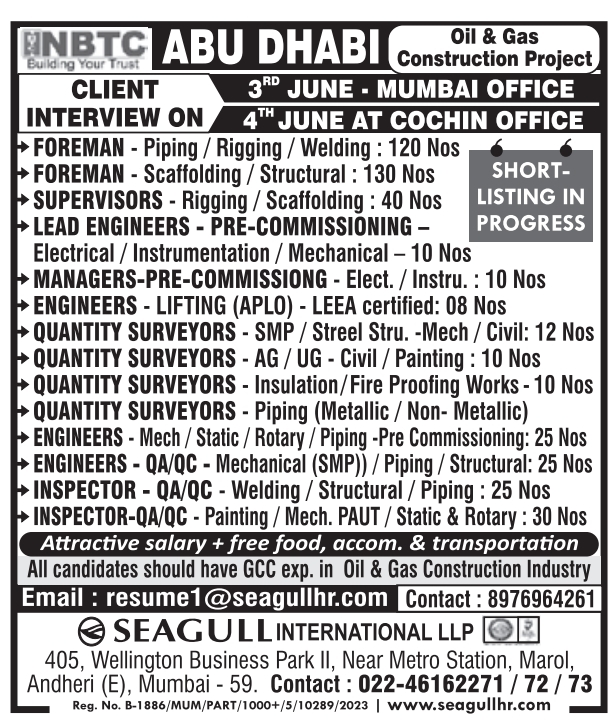 Abu Dhabi Oil & Gas Construction Project Recruitment 2026 – Client Interview in Mumbai & Cochin