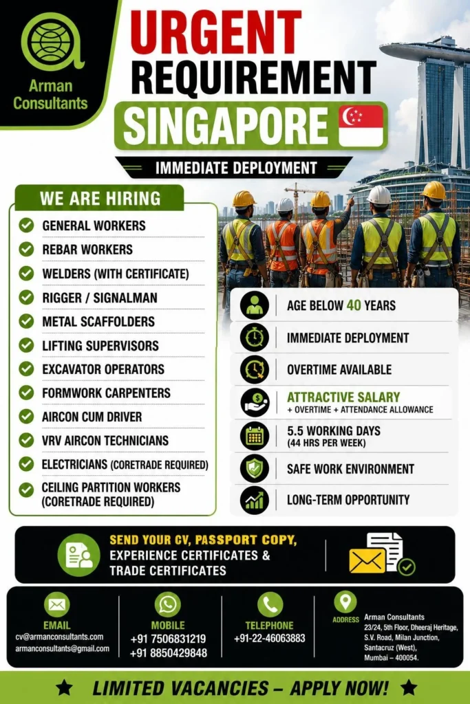 Singapore Construction Jobs 2026 – Immediate Deployment Recruitment