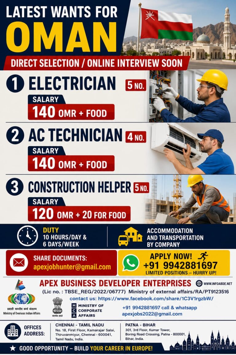 Oman Electrician, AC Technician & Construction Helper Jobs 2026 – Direct Selection | Online Interview Soon