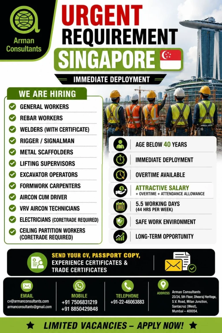 Singapore Construction Jobs 2026 – Immediate Deployment Recruitment