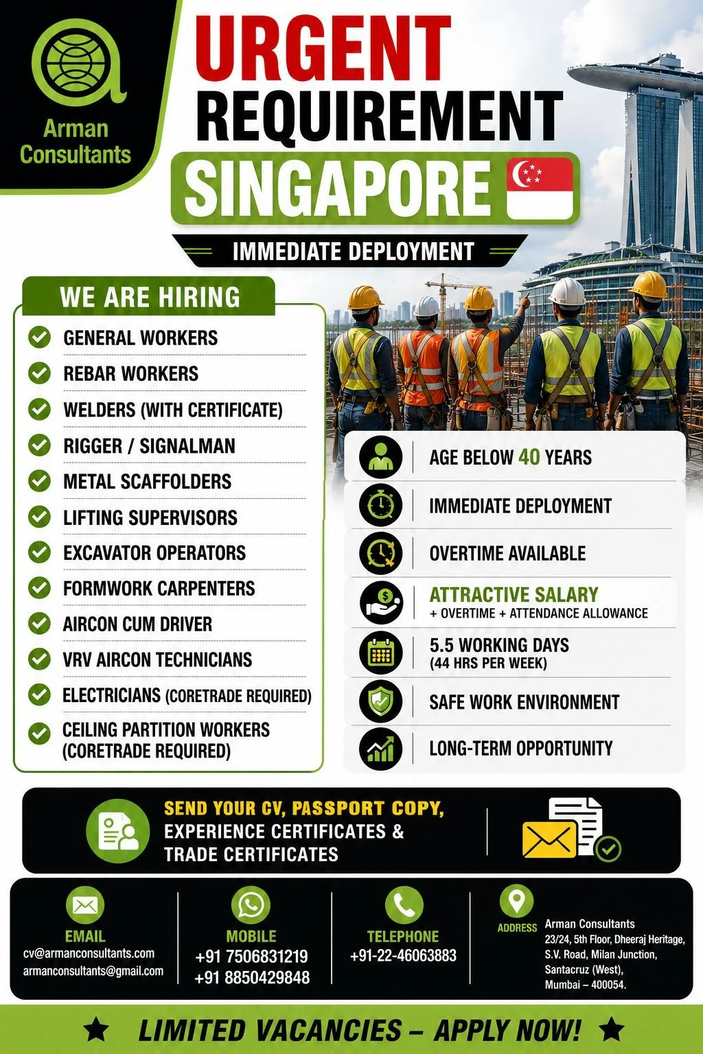 Singapore Construction Jobs 2026 – Immediate Deployment Recruitment
