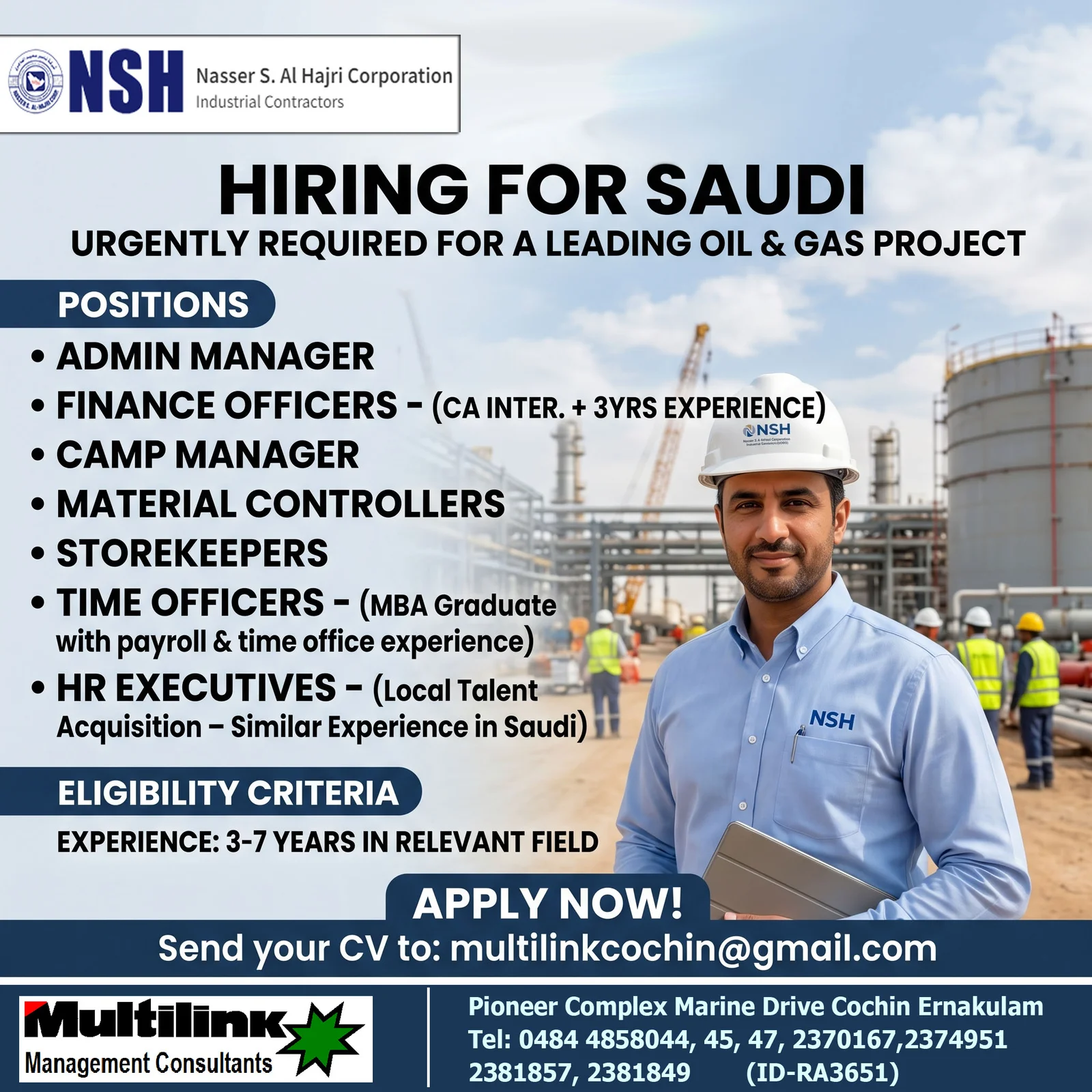 Saudi Arabia Oil & Gas Project Recruitment 2026 – NSH Hiring Admin Manager, Finance Officers, Camp Manager & More