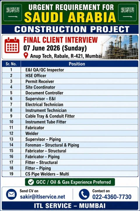 Saudi Arabia Construction Project Jobs 2026 – Final Client Interview on 07 June 2026