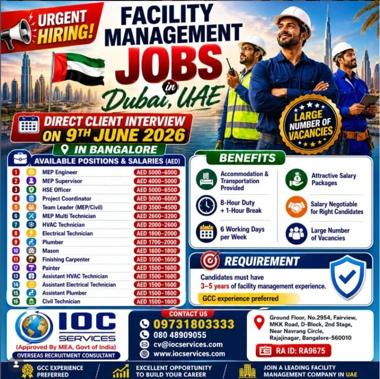 UAE Facility Management Jobs 2026 – Direct Client Interview in Bangalore on 9th June 2026