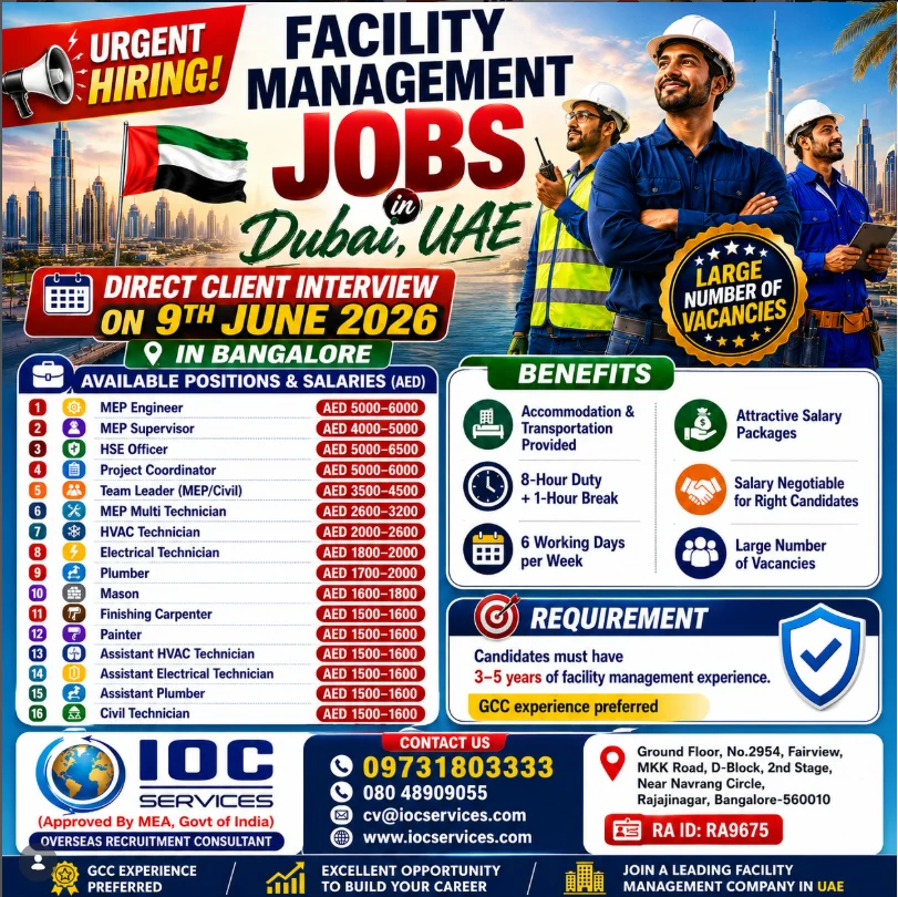 UAE Facility Management Jobs 2026 – Direct Client Interview in Bangalore on 9th June 2026