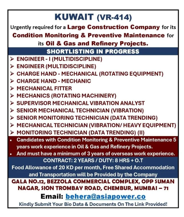 Kuwait Oil & Gas Refinery Maintenance Jobs 2026 – Apply for Engineers, Mechanical Fitters, Technicians & Supervisors