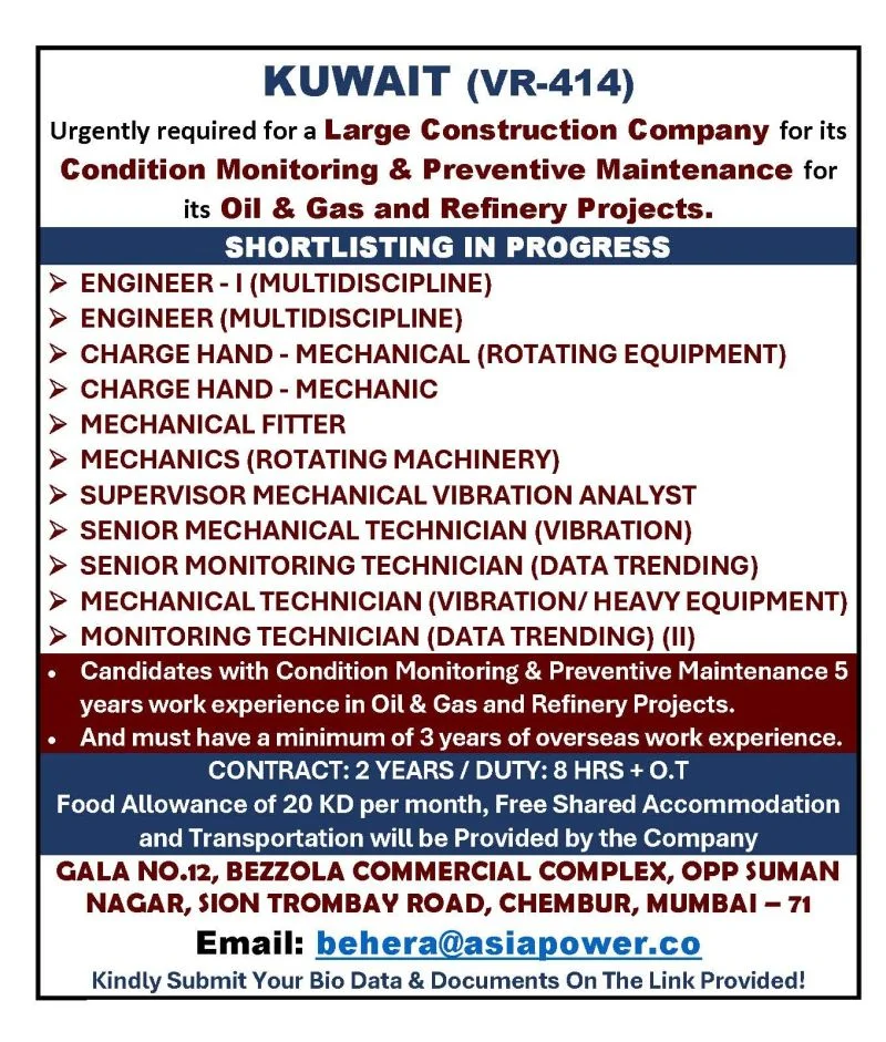 Kuwait Oil & Gas Refinery Maintenance Jobs 2026 – Apply for Engineers, Mechanical Fitters, Technicians & Supervisors