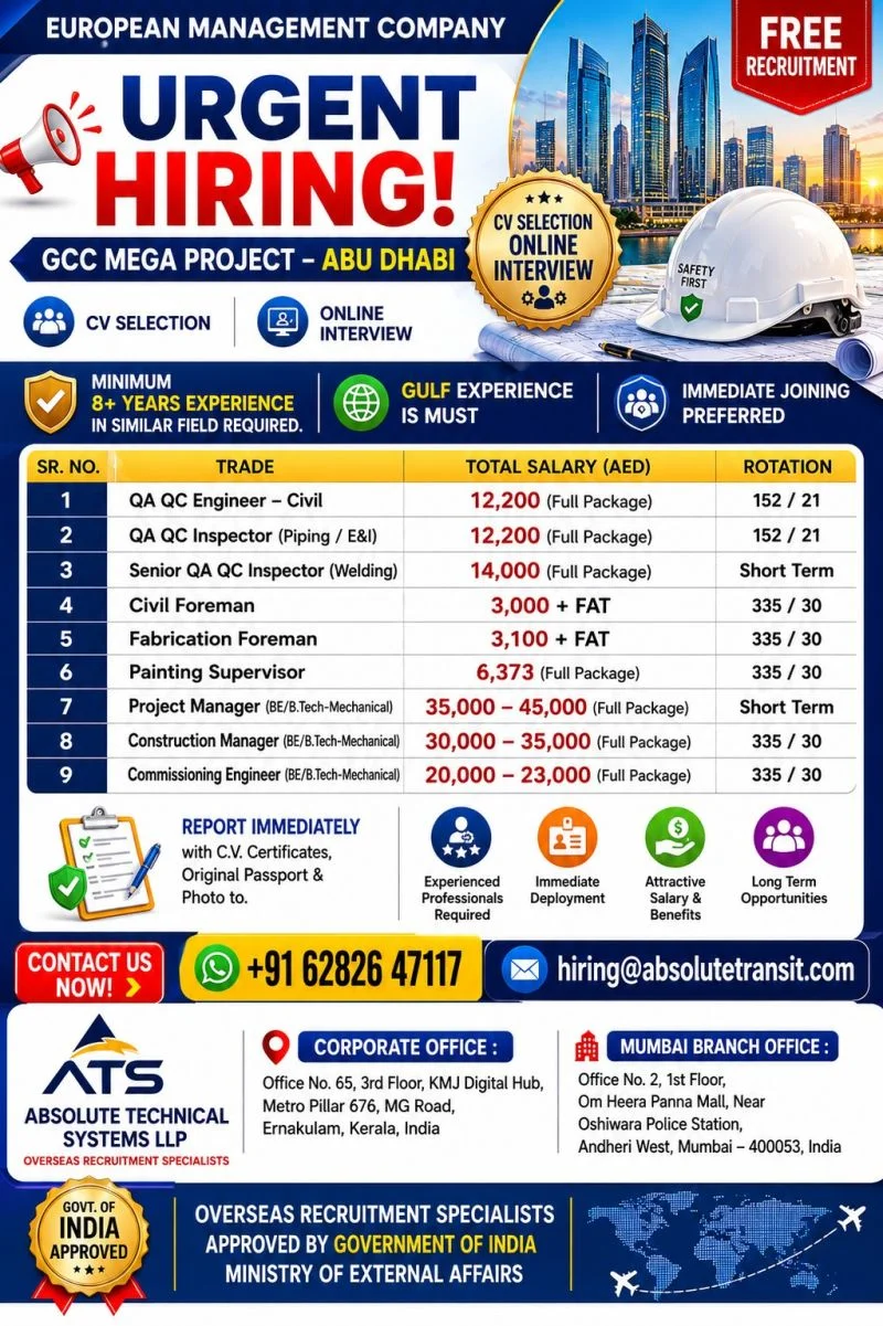 GCC Mega Project Abu Dhabi Jobs 2026 – Immediate Hiring for Engineering & Management Positions