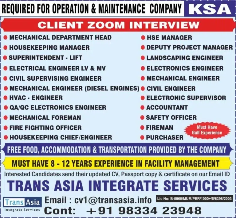 KSA Facility Management Company Jobs 2026 – Client Zoom Interview for Multiple Vacancies