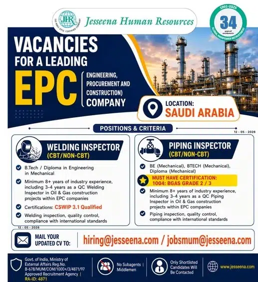 EPC Company Jobs in Saudi Arabia 2026 – Welding & Piping Inspector Vacancies