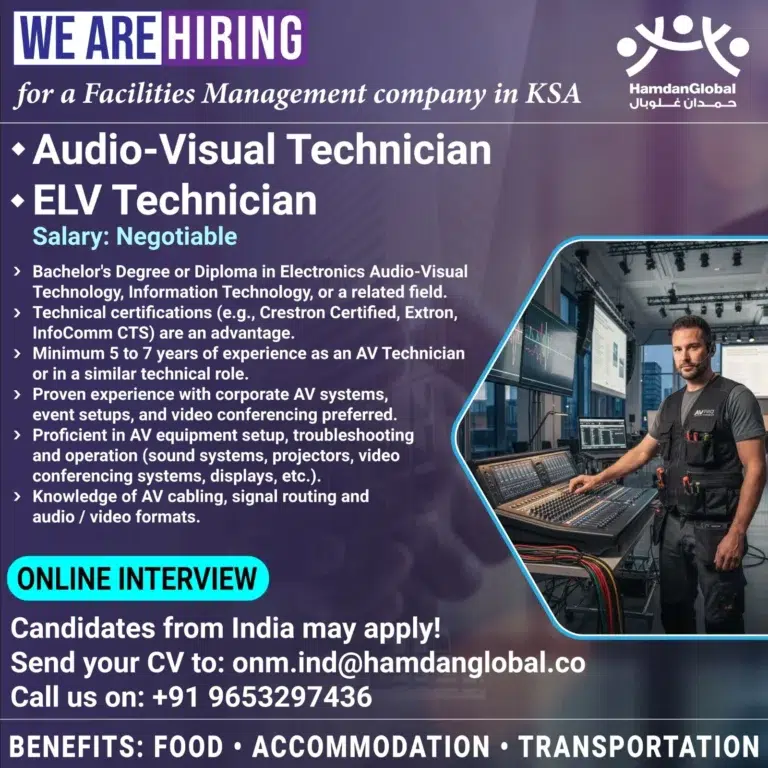 Audio-Visual & ELV Technician Jobs in Saudi Arabia 2026 – Online Interview
