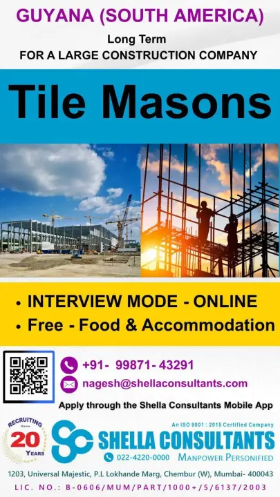 Tile Mason Jobs in Guyana 2026 – Online Interview | Free Food & Accommodation