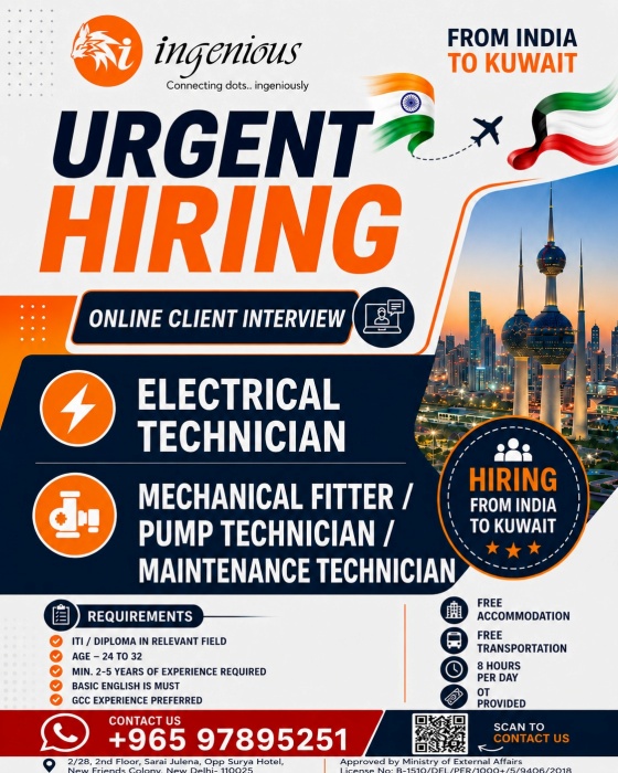 Kuwait Urgent Hiring 2026 – Electrical Technician & Mechanical Fitter Jobs