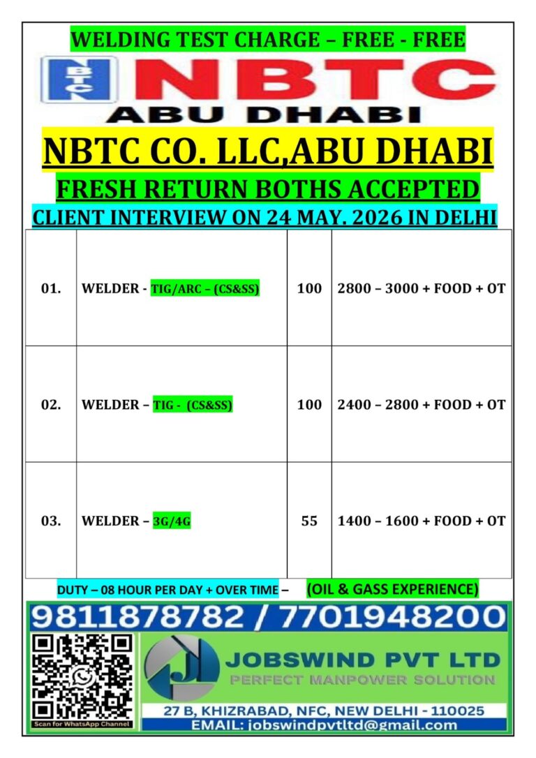 NBTC Abu Dhabi Jobs 2026 – Free Welding Test & Client Interview in Delhi