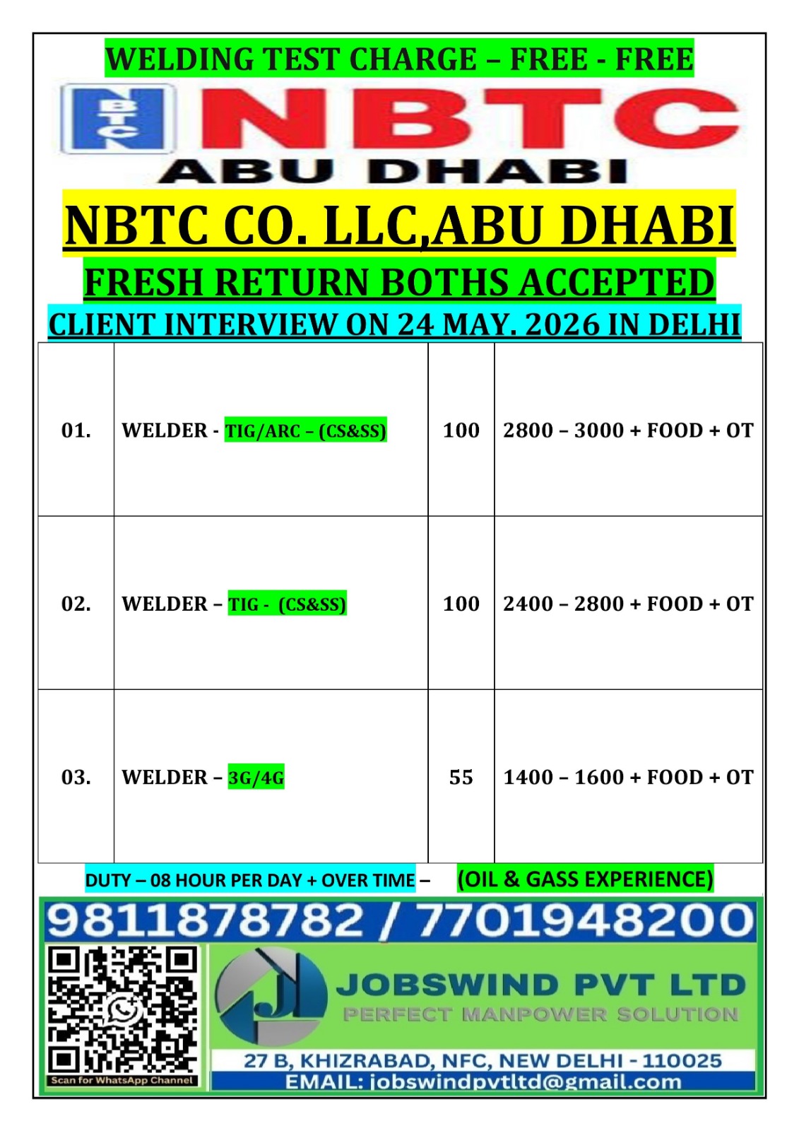 NBTC Abu Dhabi Jobs 2026 – Free Welding Test & Client Interview in Delhi