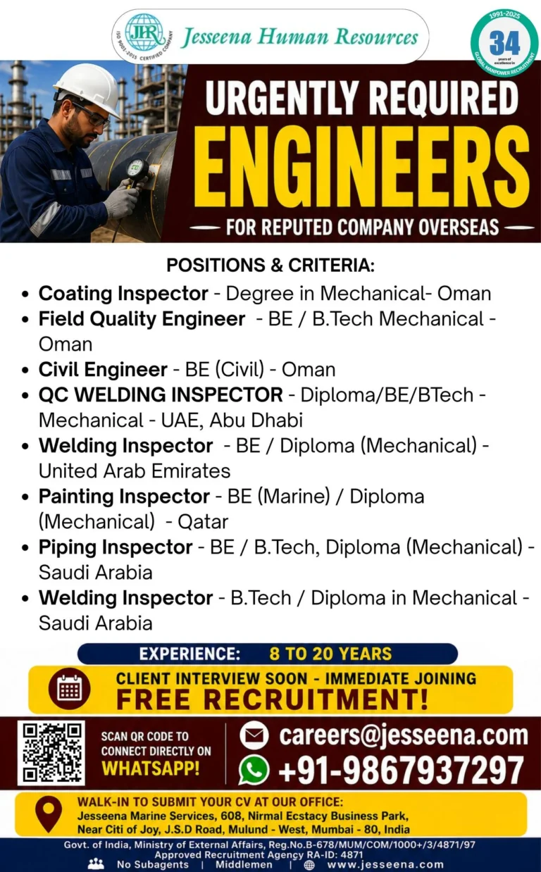 Engineers Jobs for Reputed Overseas Company – Free Recruitment 2026