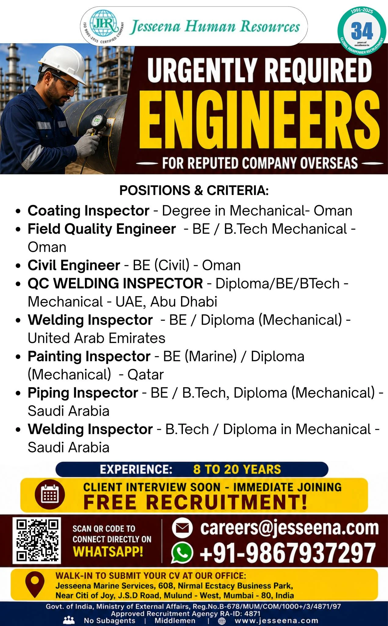Engineers Jobs for Reputed Overseas Company – Free Recruitment 2026
