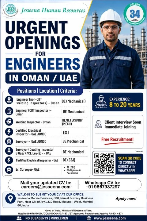 Urgent Engineer Jobs in Oman & UAE 2026 – Free Recruitment | Apply Now