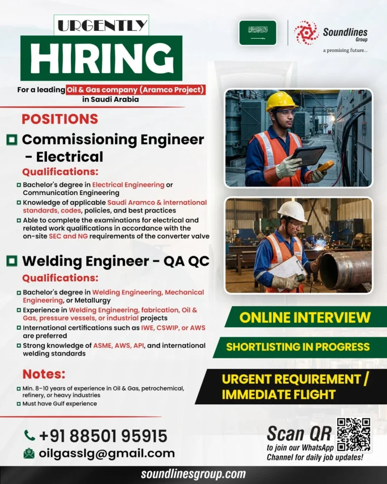 Saudi Arabia Oil & Gas Jobs 2026 – Online Interview for Engineers | Immediate Flight