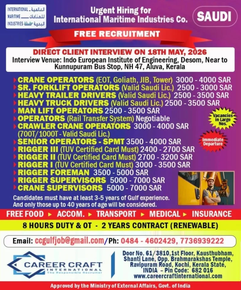Saudi International Maritime Industries Jobs 2026 – Free Recruitment | Direct Client Interview in Kerala