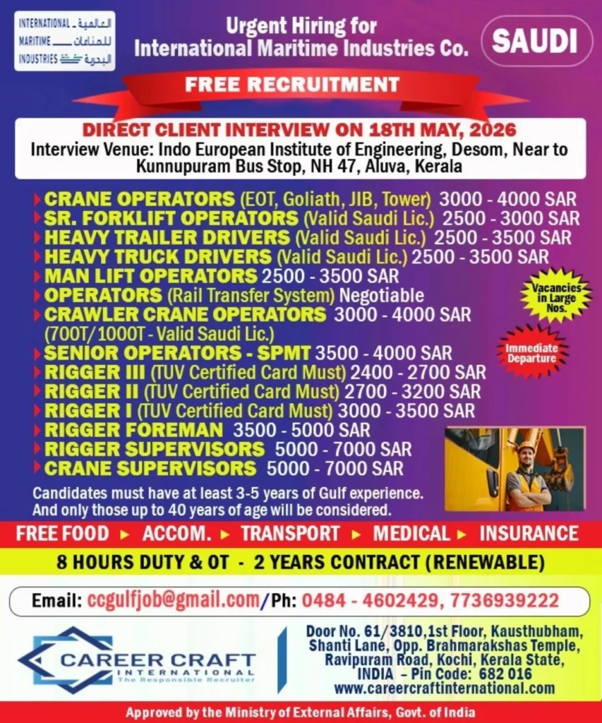 Saudi International Maritime Industries Jobs 2026 – Free Recruitment | Direct Client Interview in Kerala