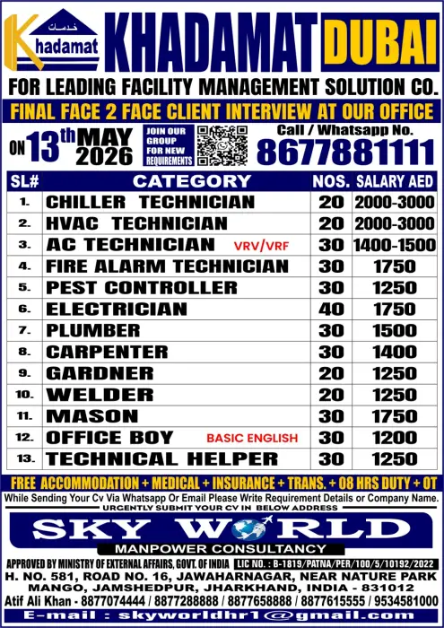 Khadamat Dubai Facility Management Jobs 2026 – Final Face to Face Client Interview on 13 May