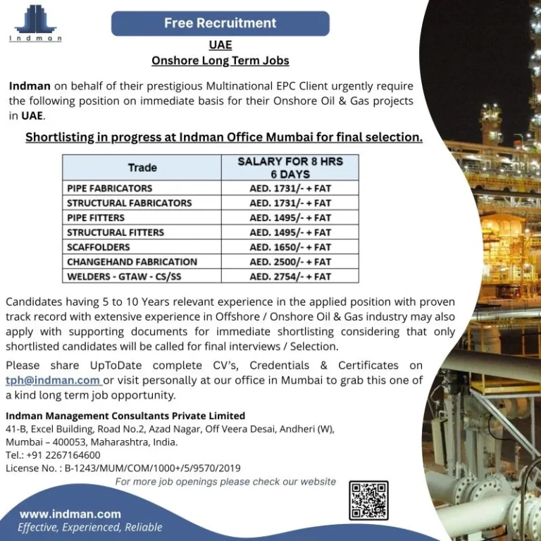 UAE Onshore Oil & Gas Long-Term Jobs 2026 – Free Recruitment by Indman
