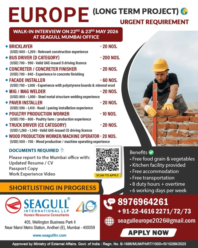 Europe Long Term Project Jobs 2026 – Walk-In Interview at Seagull Mumbai Office