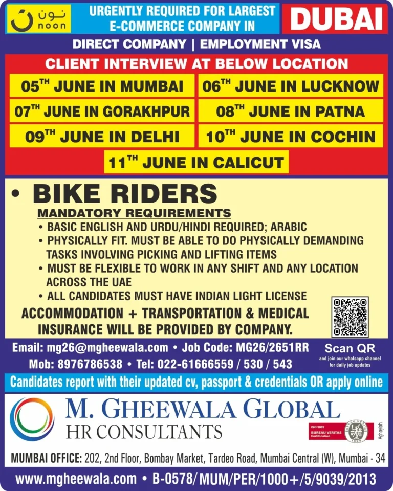 Dubai Noon Bike Rider Jobs 2026 – Direct Company Hiring | Client Interview Across India