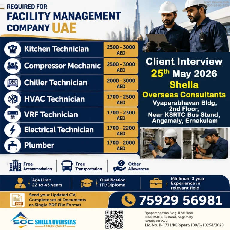 UAE Facility Management Company Jobs 2026 – Client Interview on 25th May at Angamaly