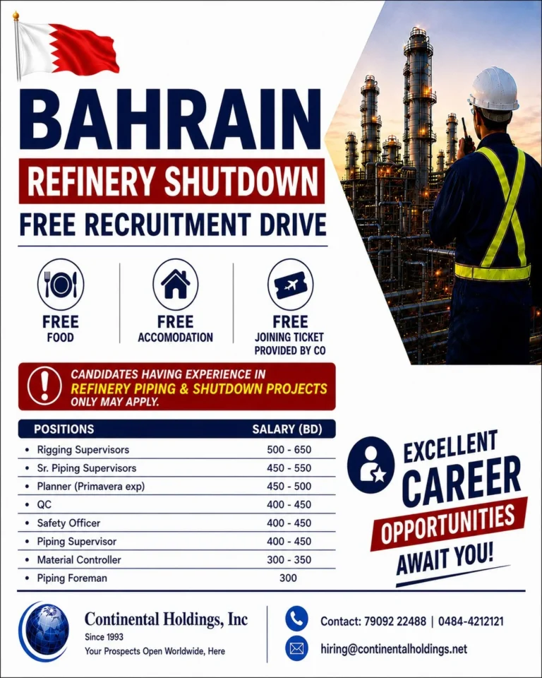 Bahrain Refinery Shutdown Jobs 2026 – Free Recruitment Drive for Experienced Candidates